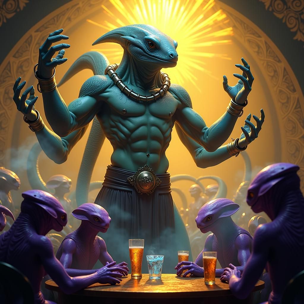 Reptilian Alien in Art Nouveau Intergalactic Bar