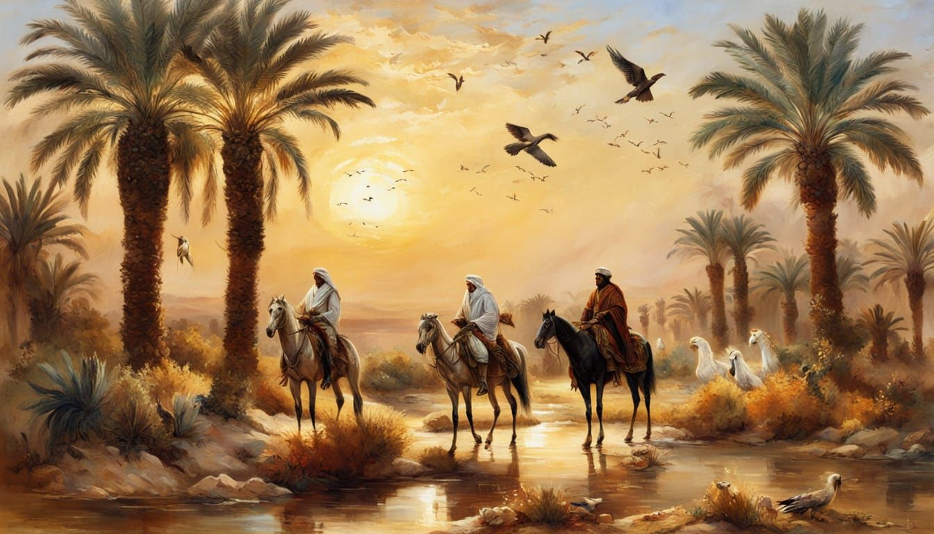 Arabs Hunting with Hawks in Oasis as Oil Painting