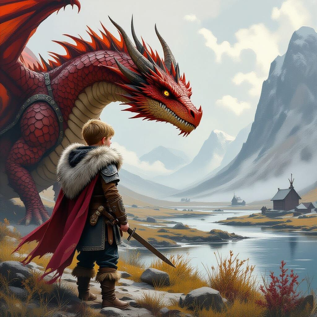 Viking Boy Discovers Loyal Dragon in Mystical Nordic Landsca...