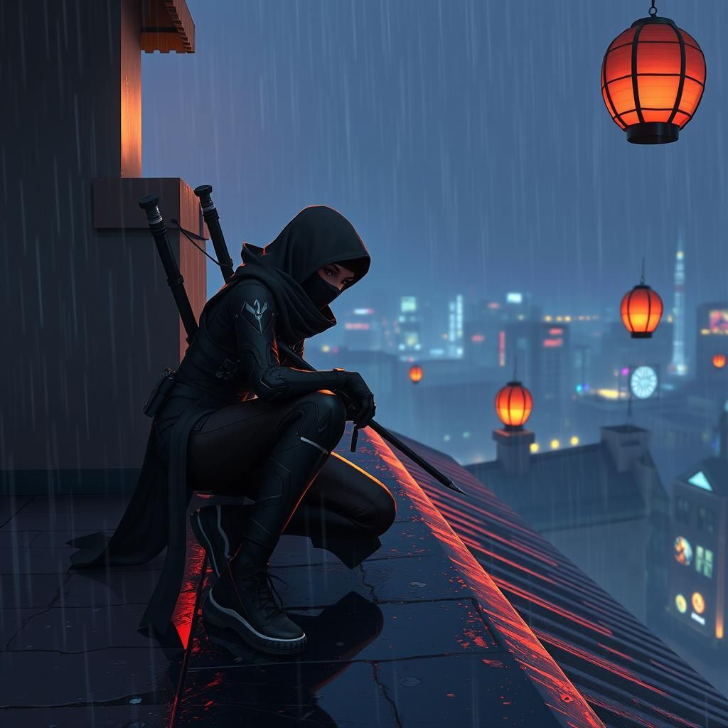 Rainy Rooftop Ninja in Dystopian Sci-Fi Style