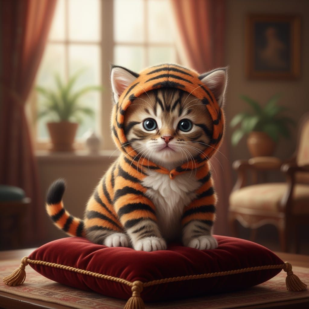 Adorable Kitten in Tiger Costume Sits on Velvet Cushion