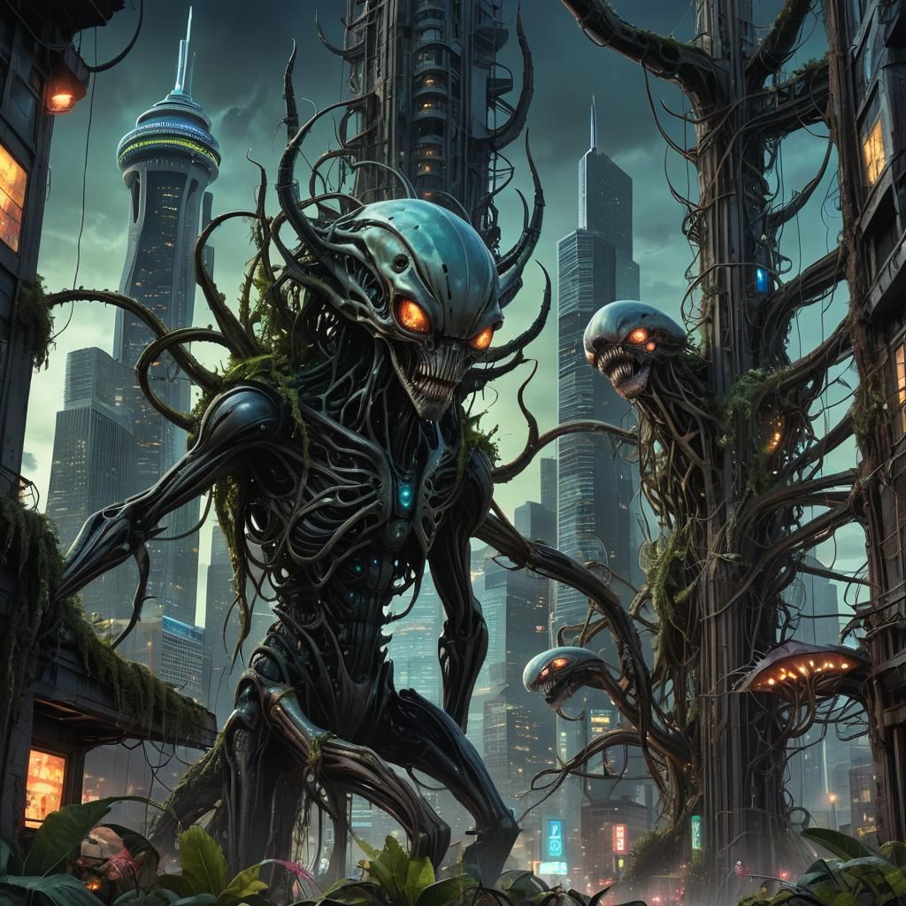 Overgrown Seattle Cityscape with Alien Flora