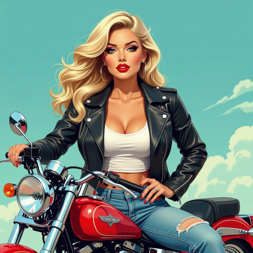 Glamorous Blonde Bombshell on Motorcycle, Pin-Up Style