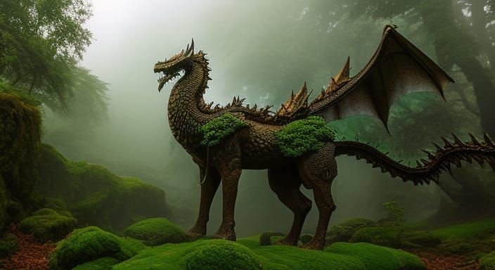 Mystical Stone Dragon Statue in Misty Forest