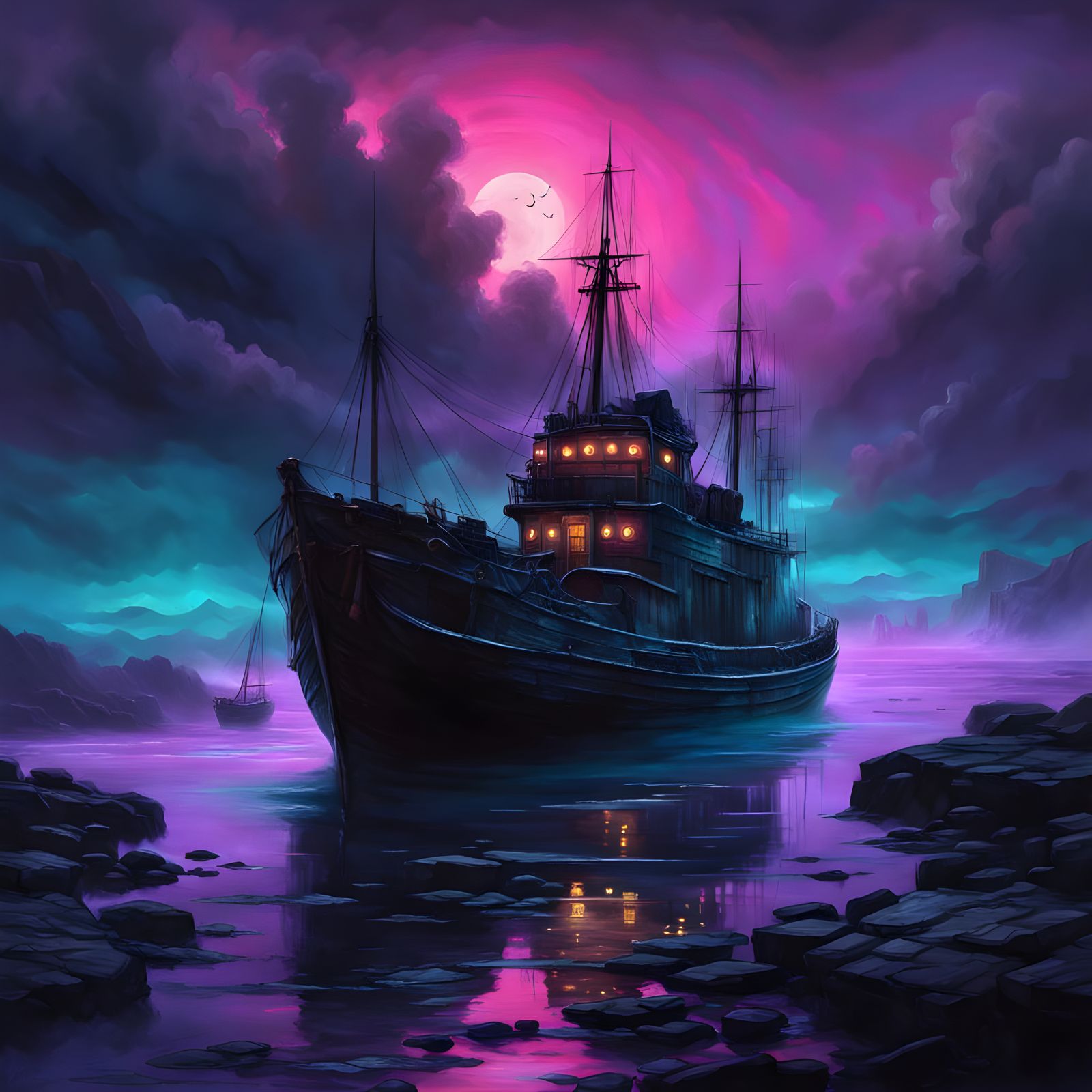 Ghostly Ship Drifts Through Haunting Waters in Neon-Lit Aban...