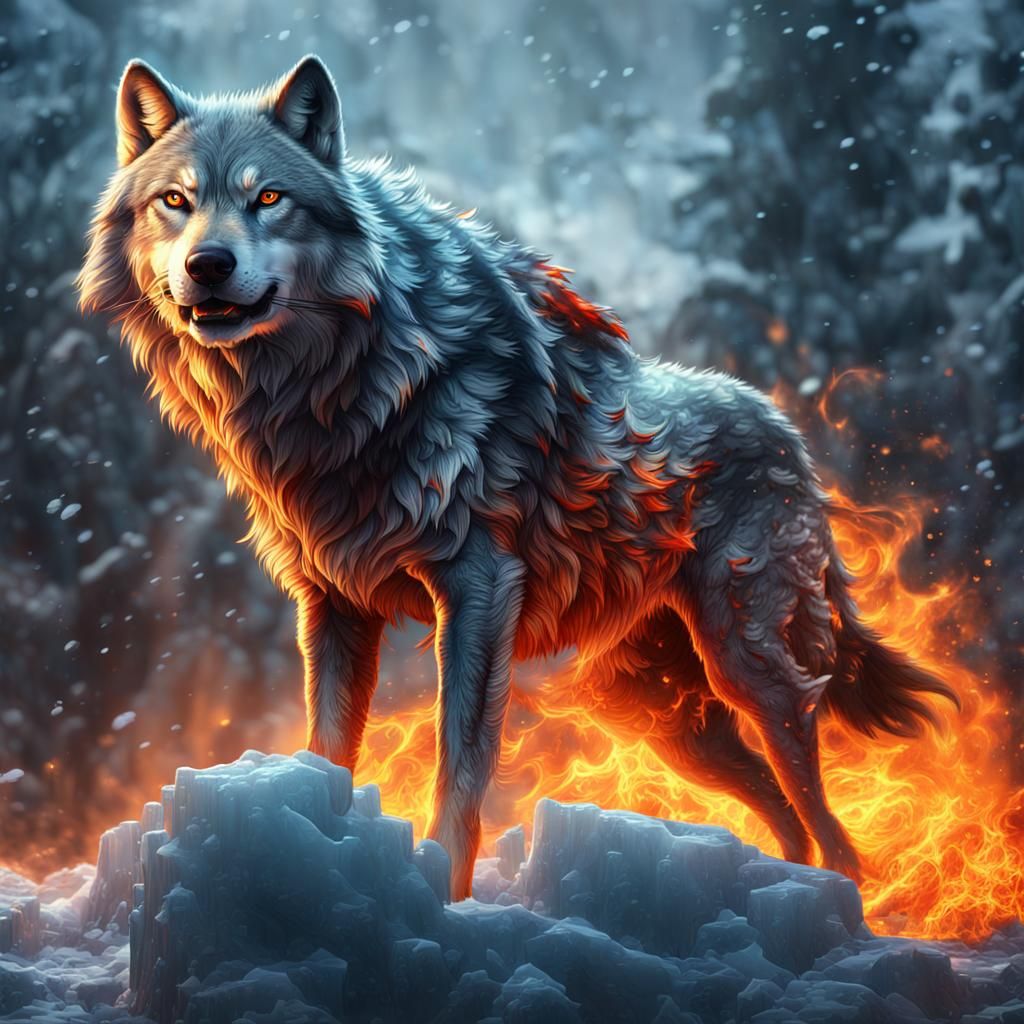 Fiery Grey Wolf in Icy Landscape