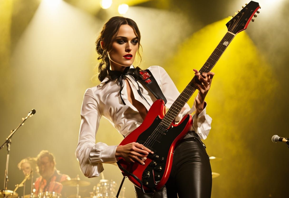 Sultry Rockstar Singer Performs on Stage with Electric Guita...