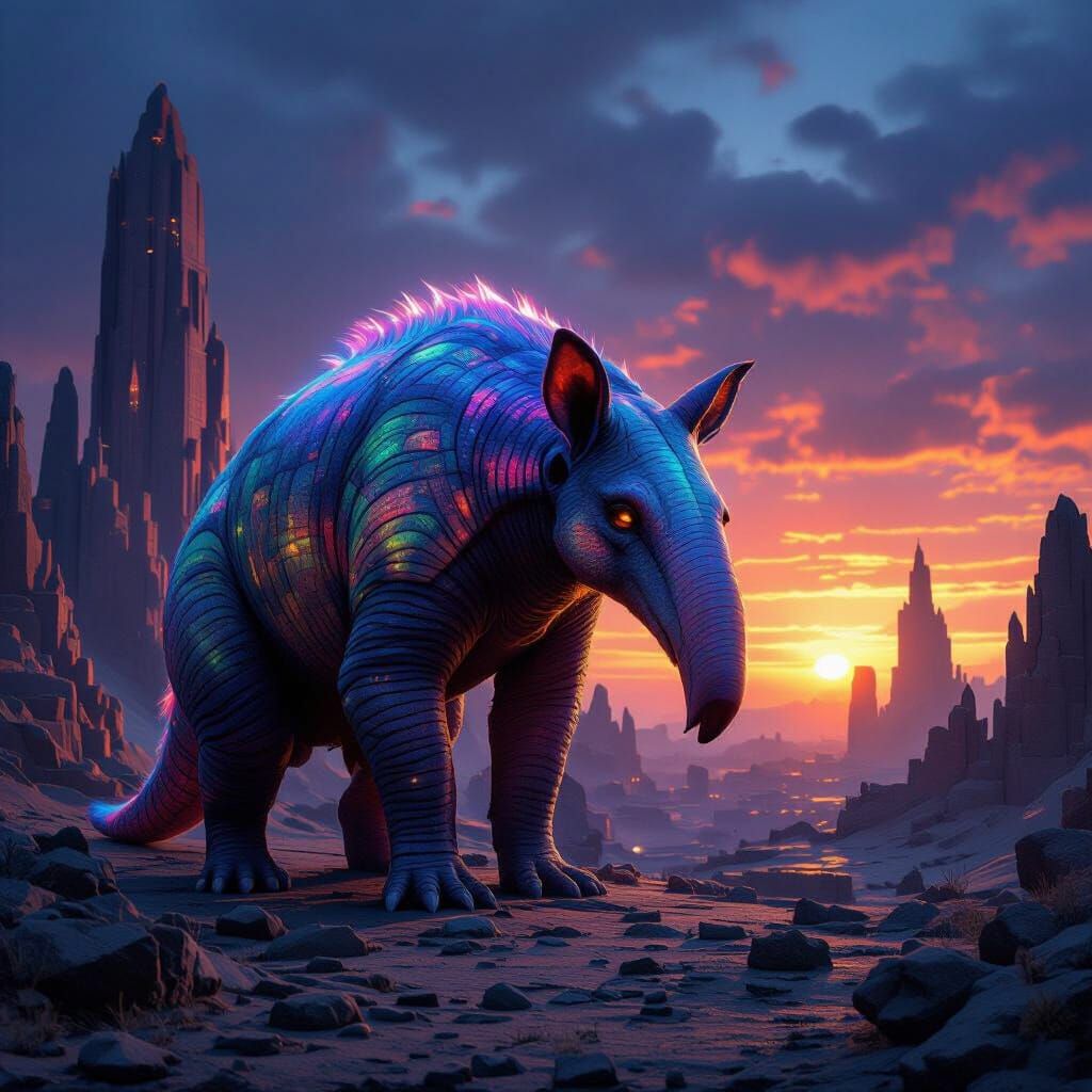 Colossal Bioluminescent Aardvark Guards Alien City