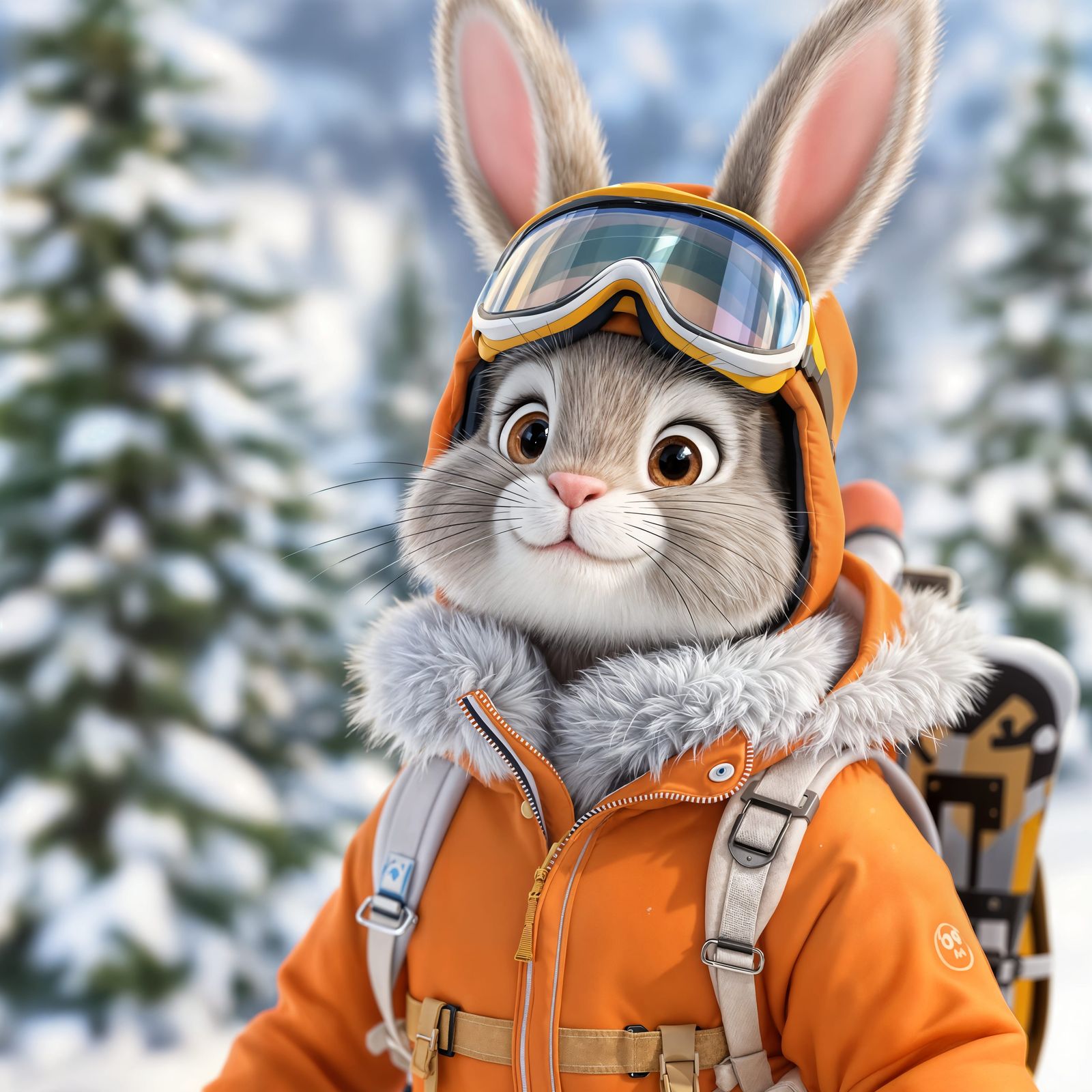 Cute CGI Cartoon Bunny in Ski Gear Looks Forward