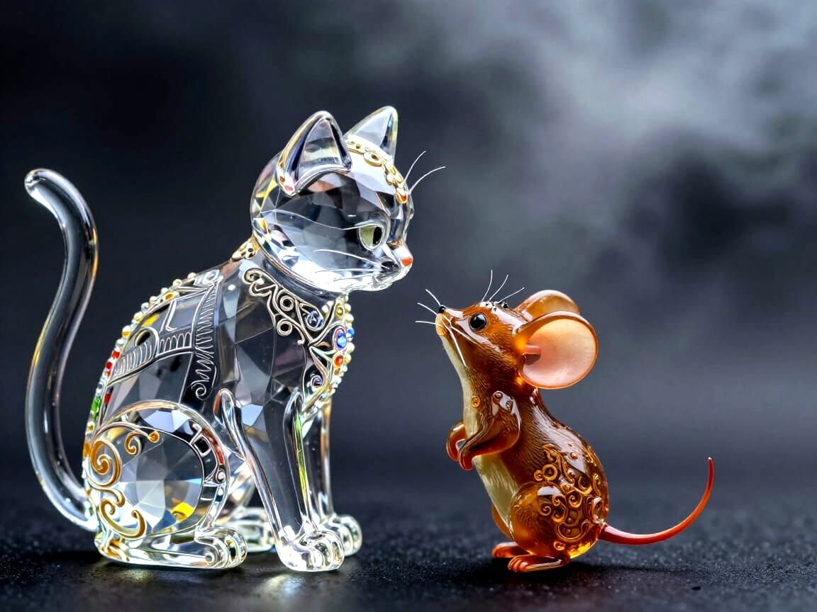 Glass Cat and Mouse Figurine Touching Noses