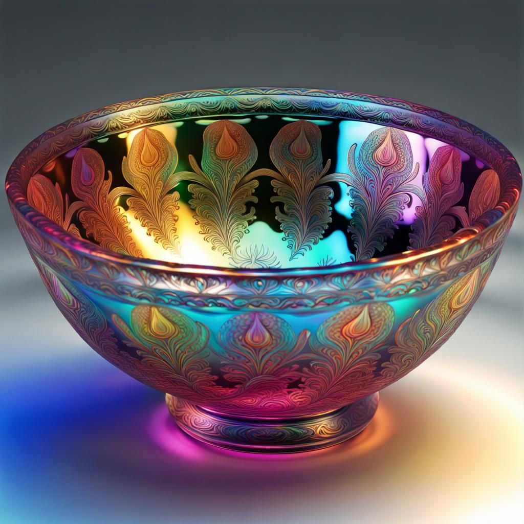 Crystal Bowl with Elaborate Carvings in Carnival Glass Style