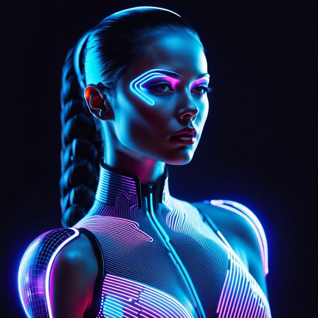 Futuristic Android Woman in Neon Techno Club