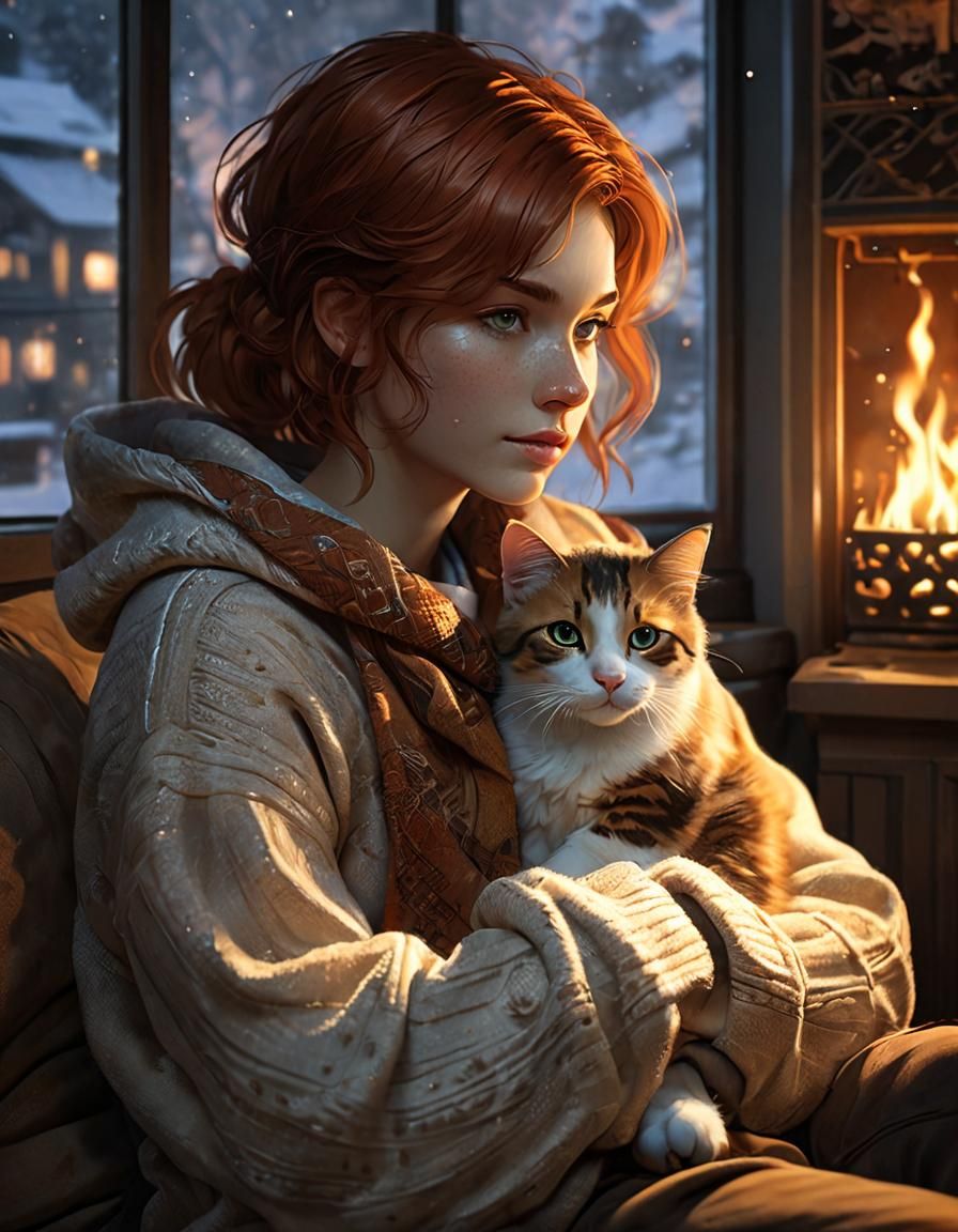 Cozy Woman Cuddles Kitten by Firelight