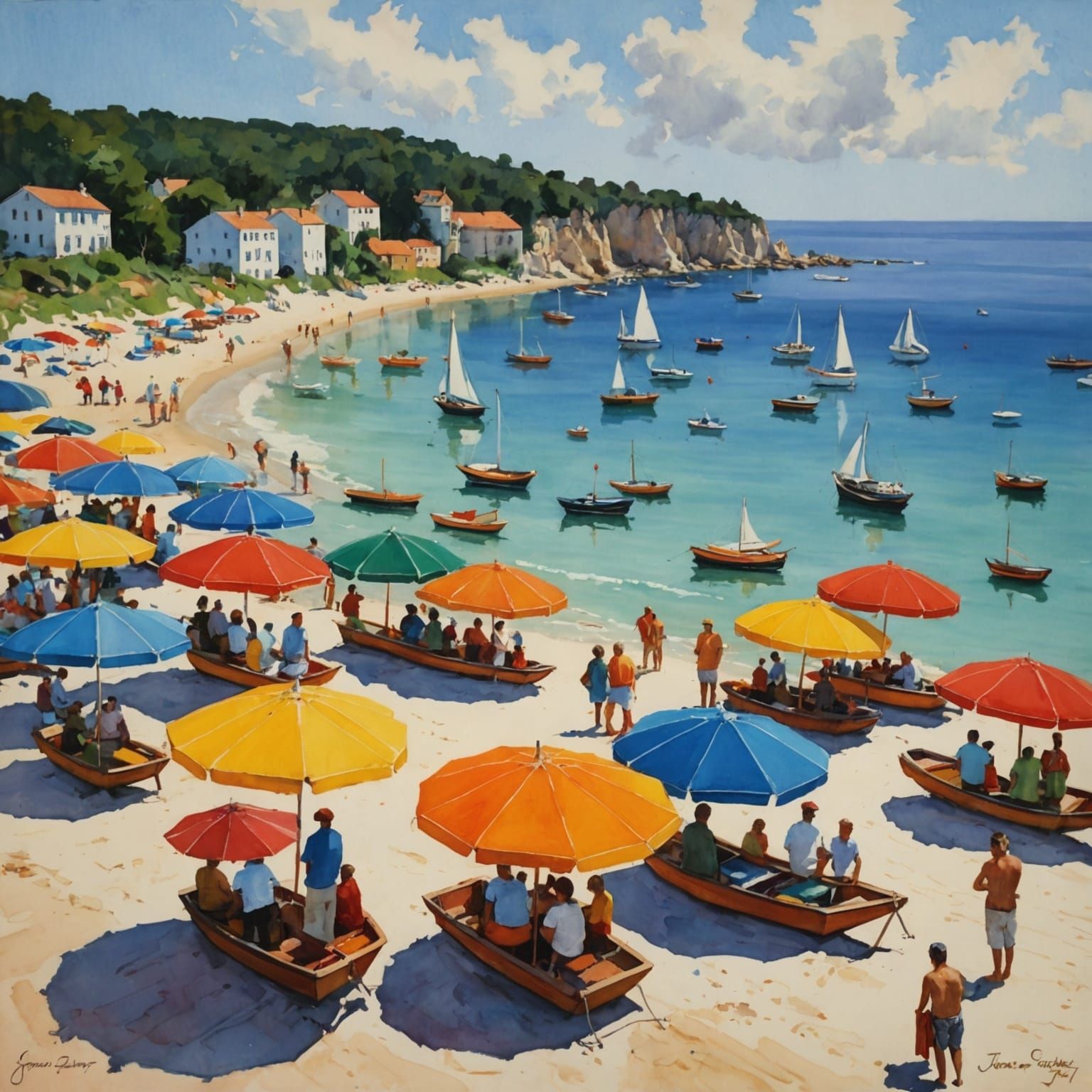 Beach Scene in Watercolor and Oil Painting