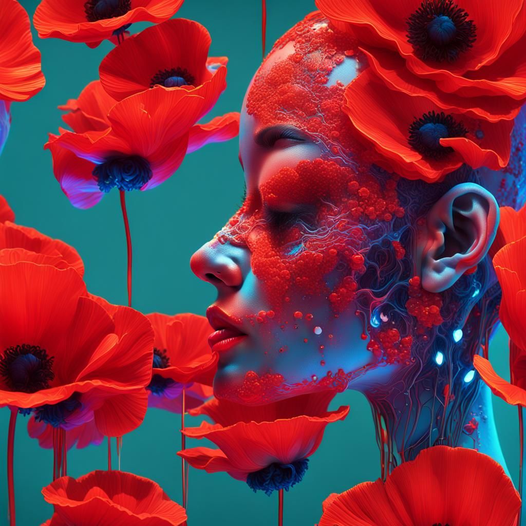 Glowing Neon Poppy Woman: Hyperrealistic Splash Art