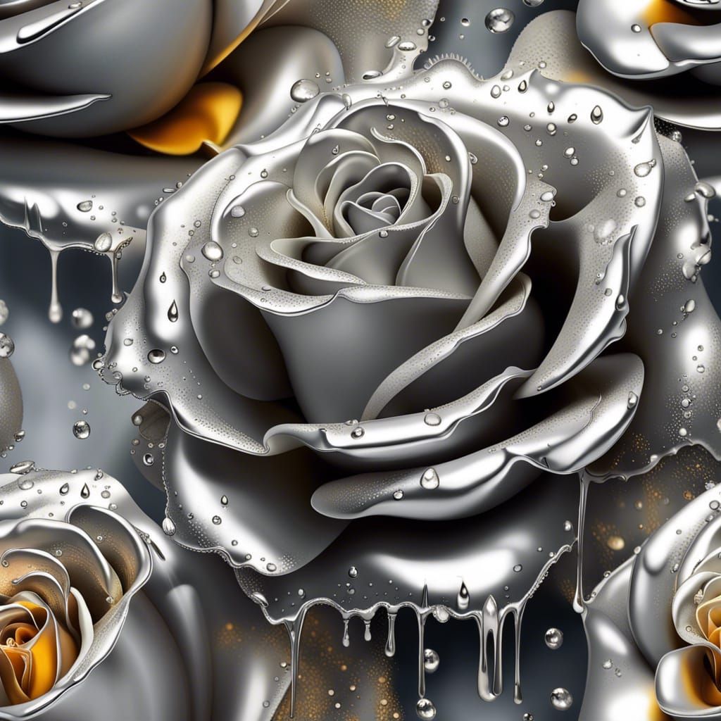Silver Rose with Golden Water Drops in Hyperrealistic Style