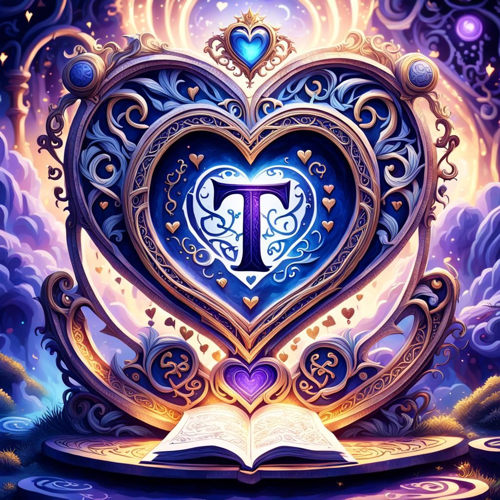 Glowing Letter T Heart in Fantasy Art Nouveau Style