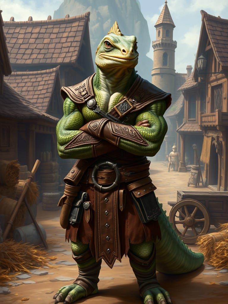 Muscular Lizard Warrior in Wild West Fantasy Armor