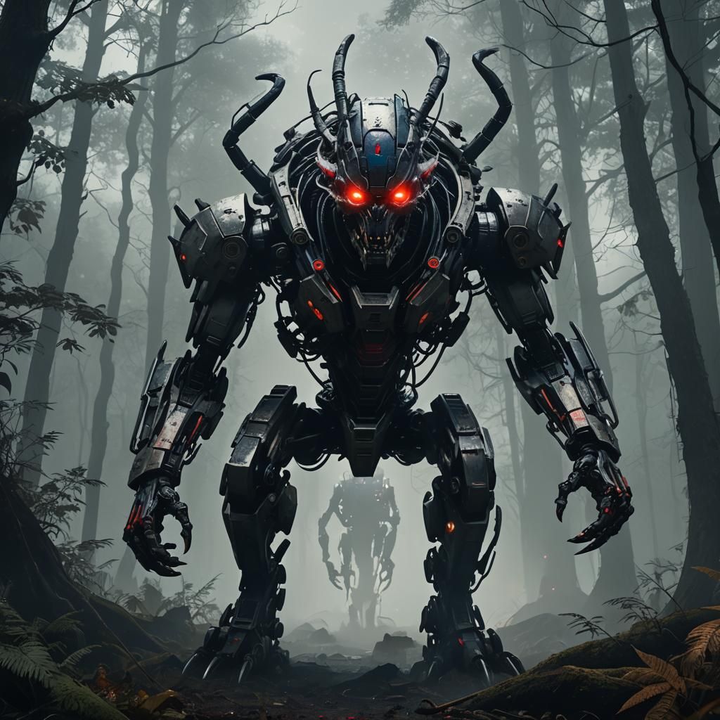 Cyberpunk Mech Horror: Robotic Nightcrawler in Dark Forest