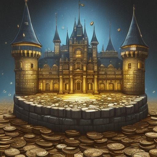 Fantasy Castle Built From Coins, Dollar Note Landscape