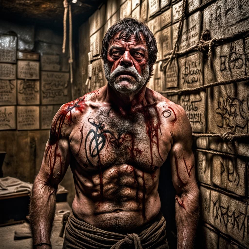Hyperrealistic Oliver Reed Imprisoned in Occult Basement