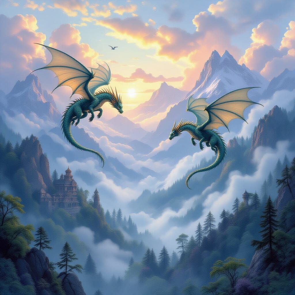 Dragons Fly Over Misty Fantasy Forest