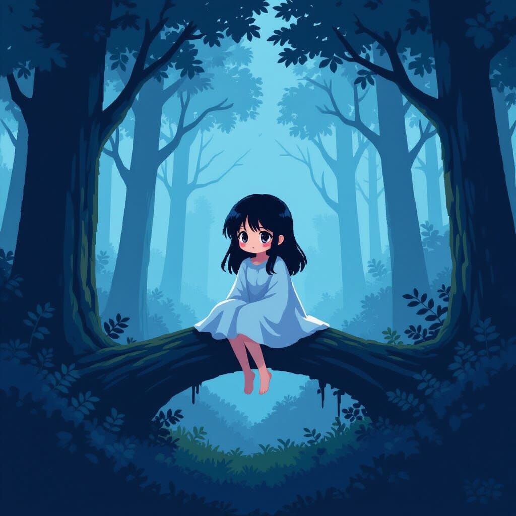 Ghostly Anime Girl on Branch in Foggy Forest