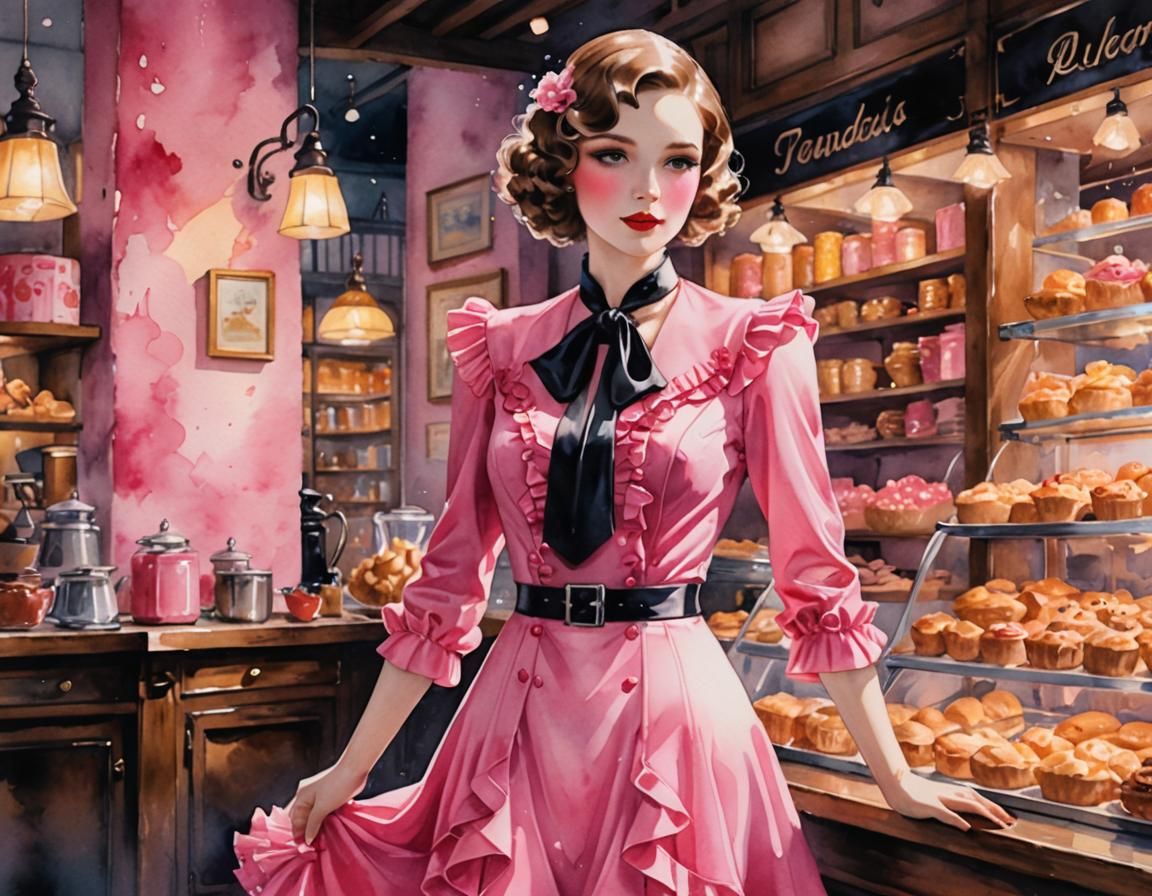 Pink 1930s Dress in Anime Style