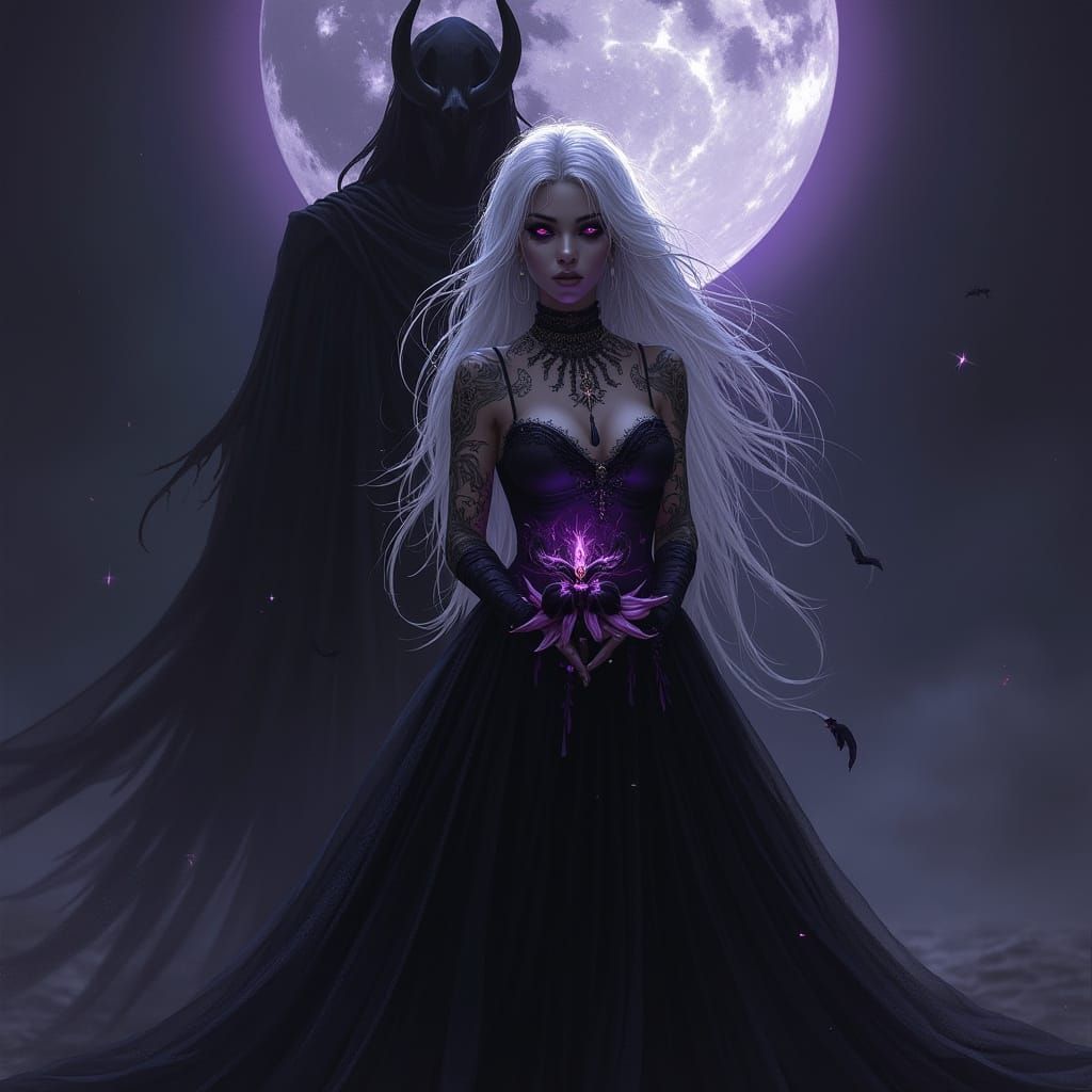 Ethereal Priestess Before Asmodeus in Dark Fantasy Style