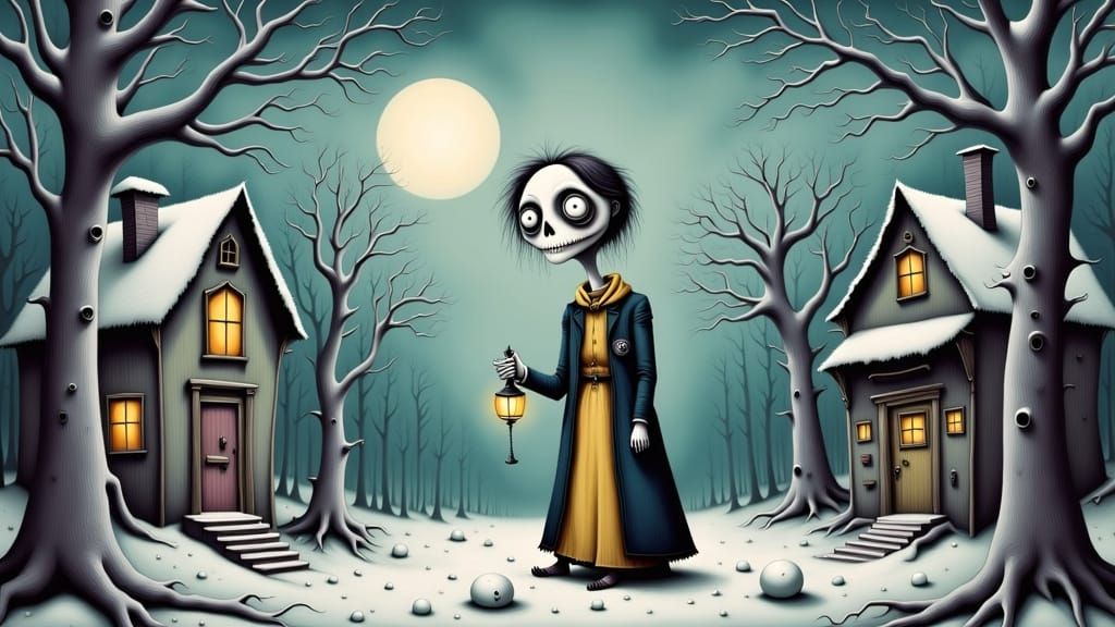 Figure with Glowing Lantern in Snowy Tim Burton Style Landsc...