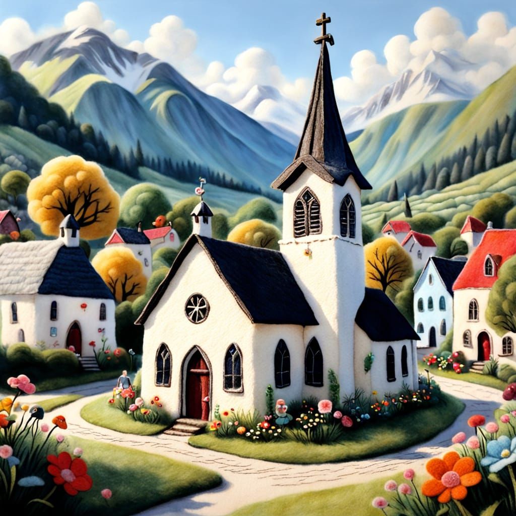 Whimsical Children's Village Church in Needlefelt Illustrati...