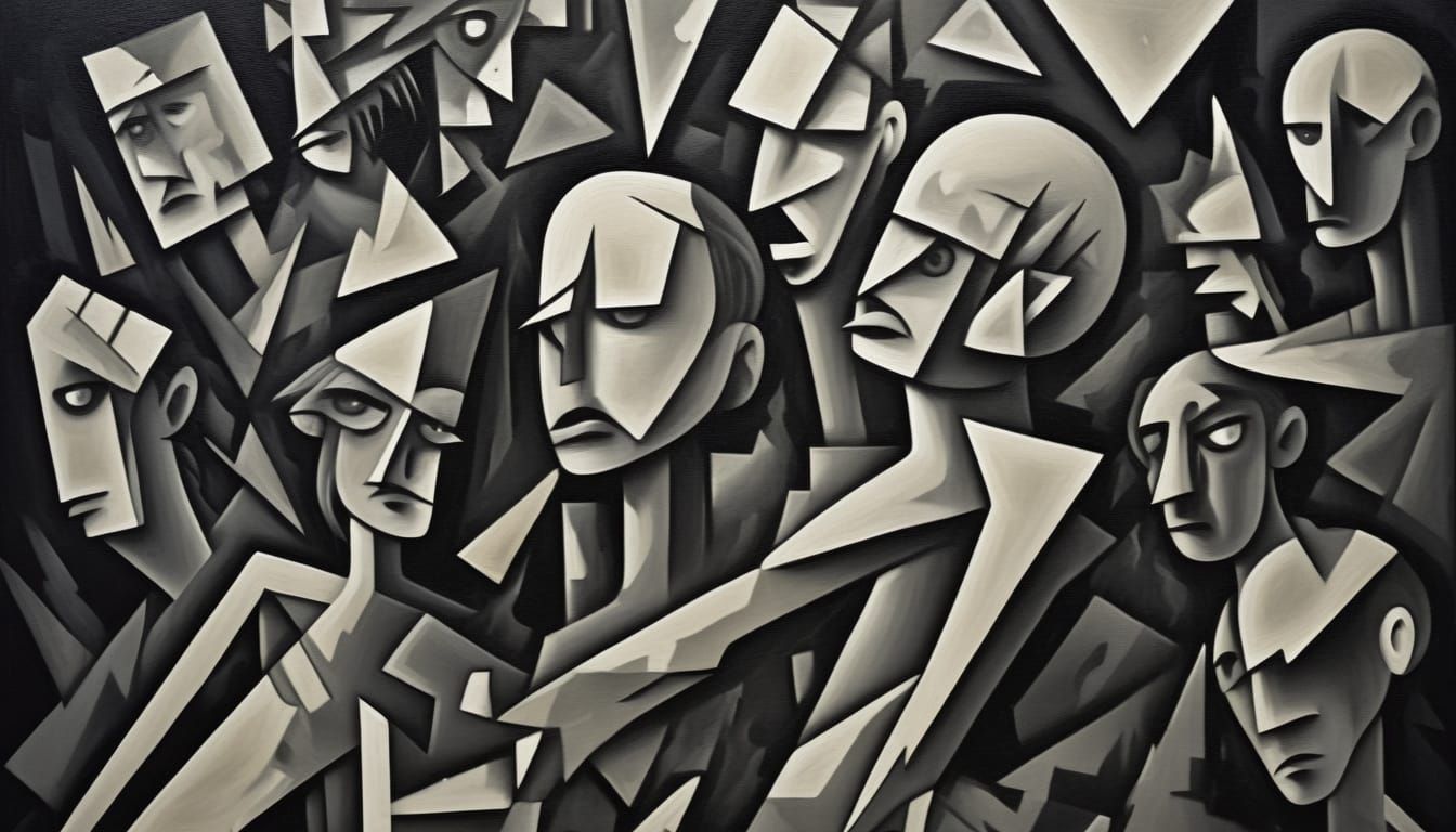 Distressed Civilians: A Monochromatic Cubist Oil Painting