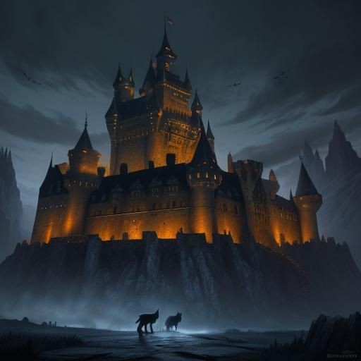 Old Castle at Night with Howling Wolves