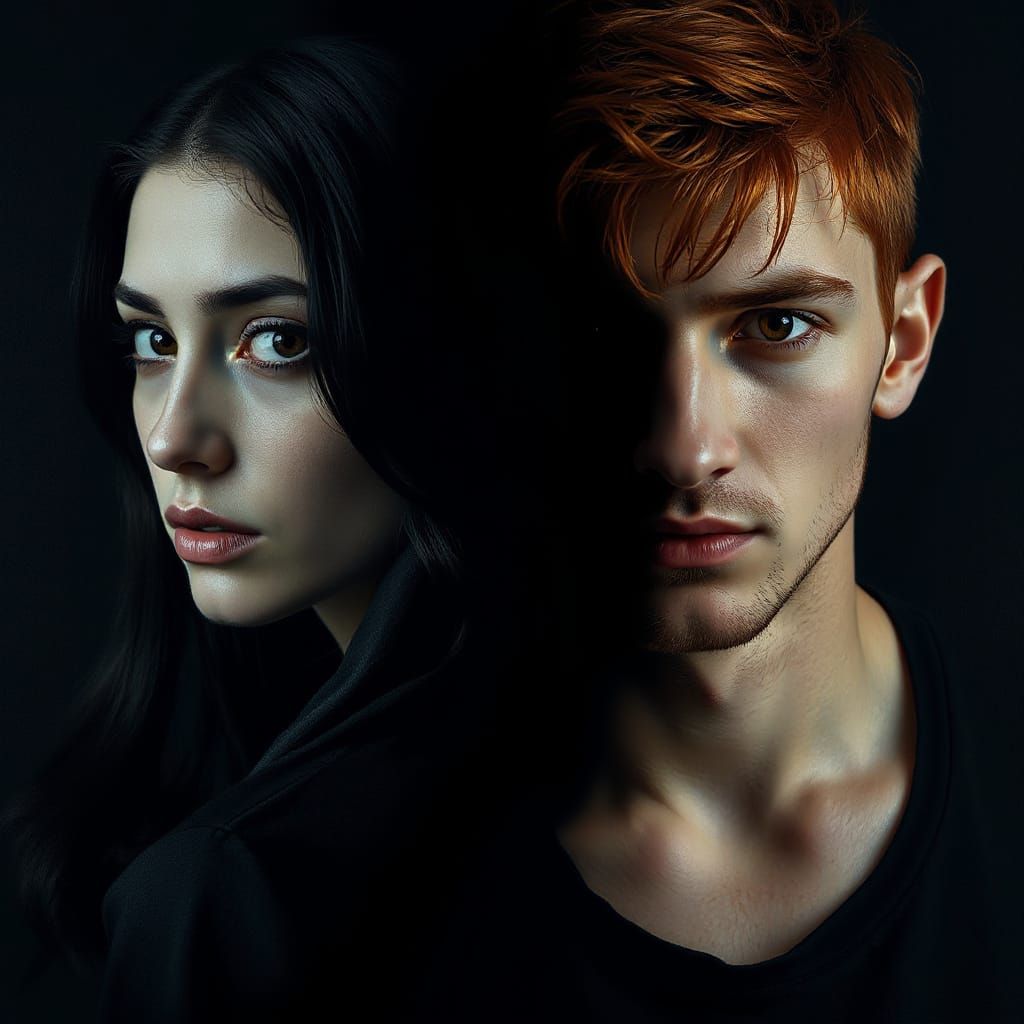 Surreal Duality: Black Haired Woman Meets Red Haired Man