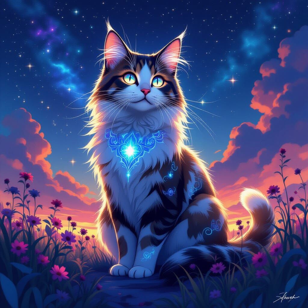 Cosmic Starlight Cat in Art Nouveau Style