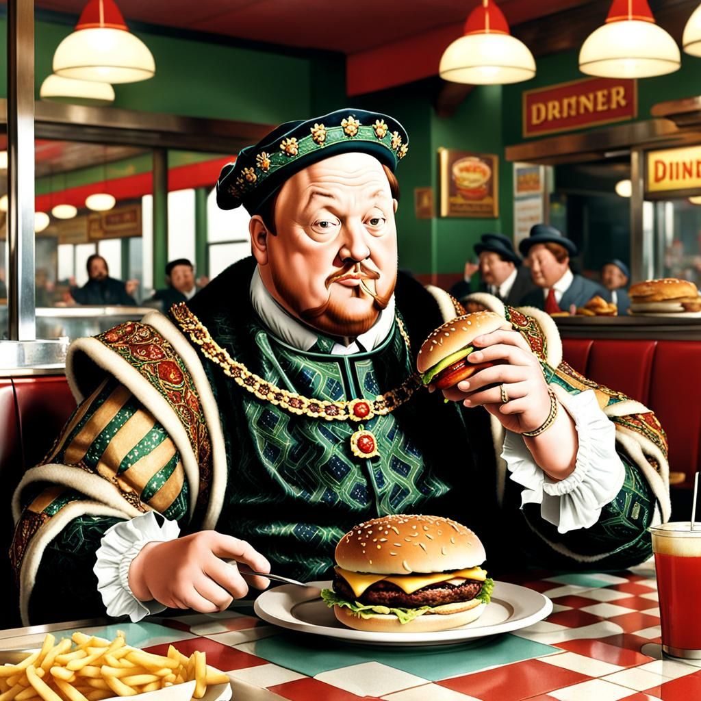 Henry VIII at a Diner Enjoying a Burger