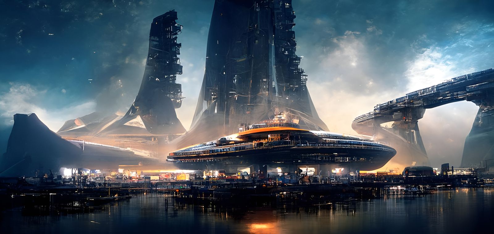 a beautiful 3d landscape scenery of a wide open area with majestic monumental UFO spacedock of highly developed species ...