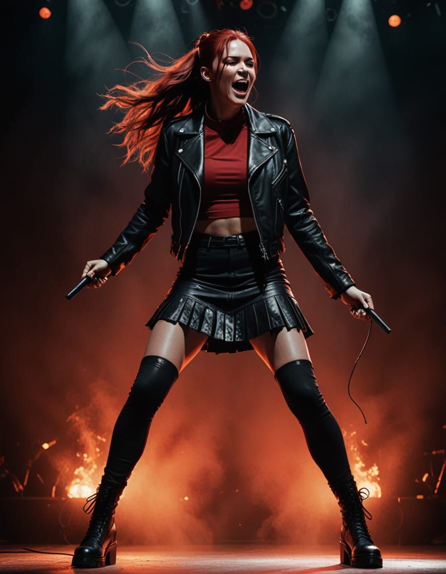Singer in Fiery Red and Black Performs on Stage