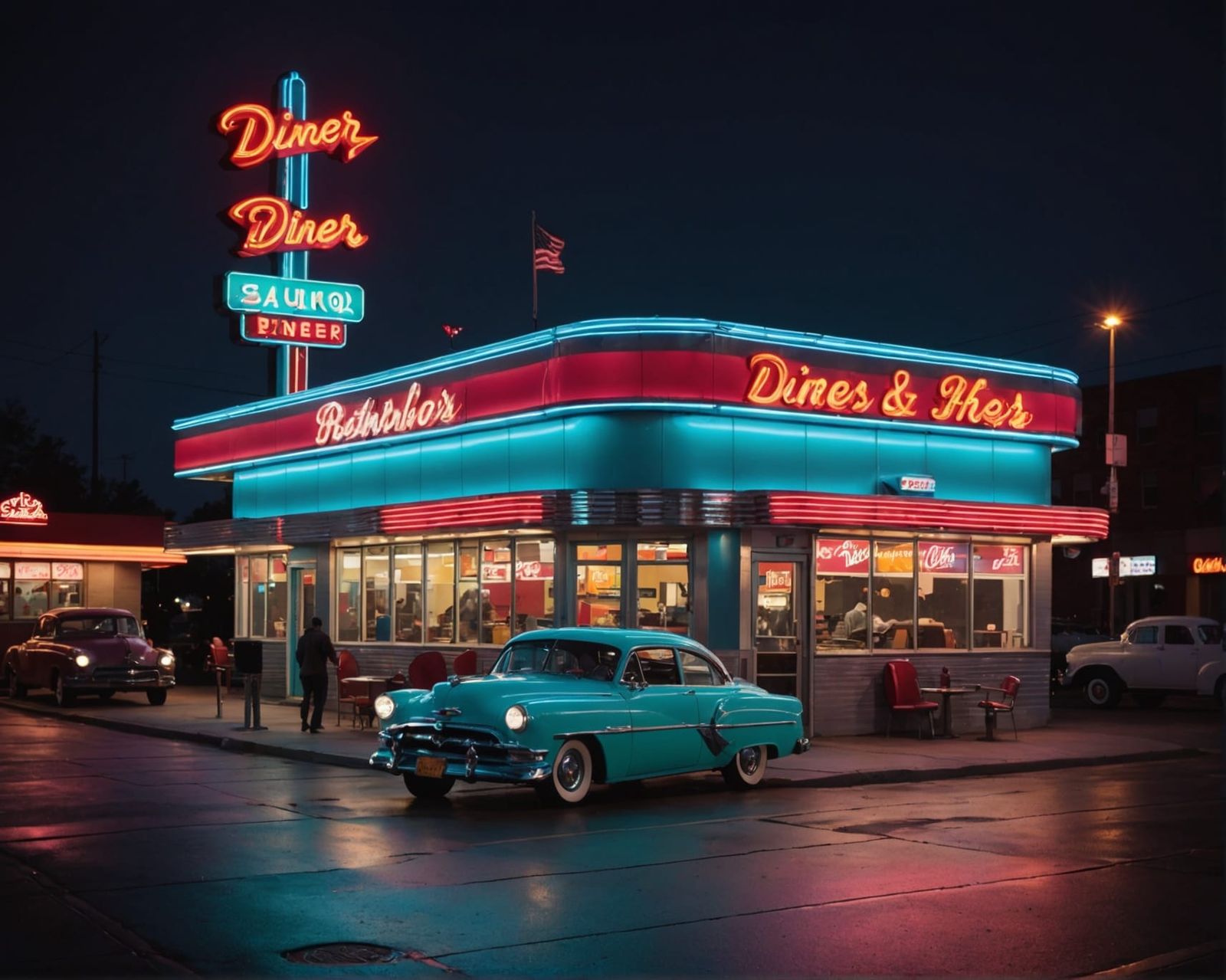1950s Retro Diner at Night with Neon Lights