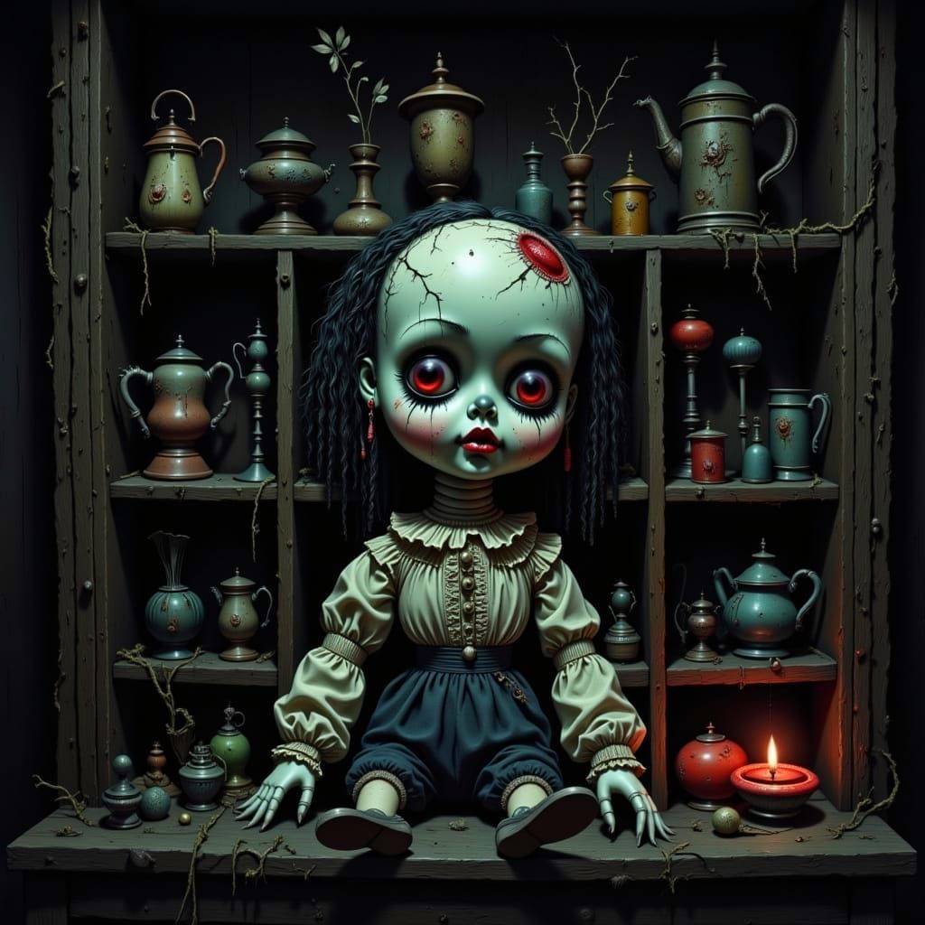 Shattered Porcelain Doll with Bioluminescent Glow