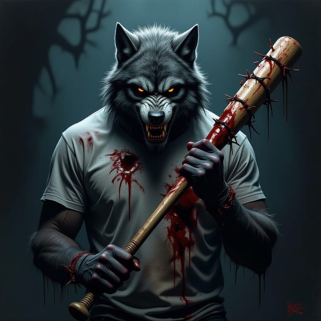 Werewolf with Barbed Wire Bat: Horror Art