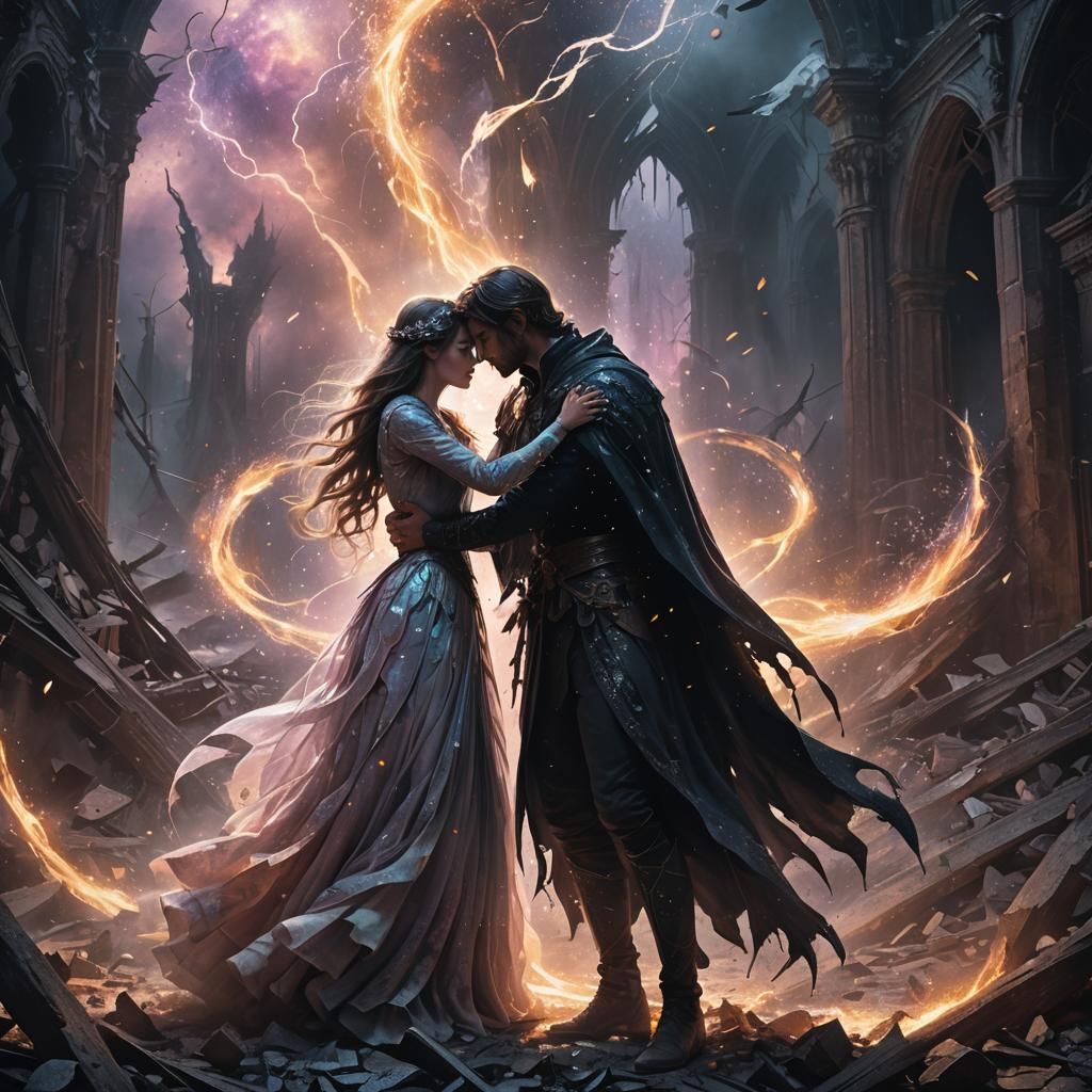 Epic Fantasy Couple Embracing in Radiant Light