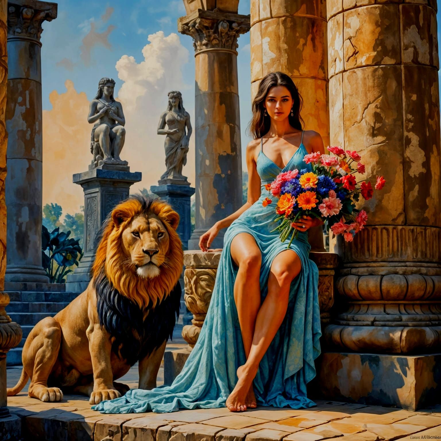 Semitic Goddess with Lotus and Lion in Impasto Style