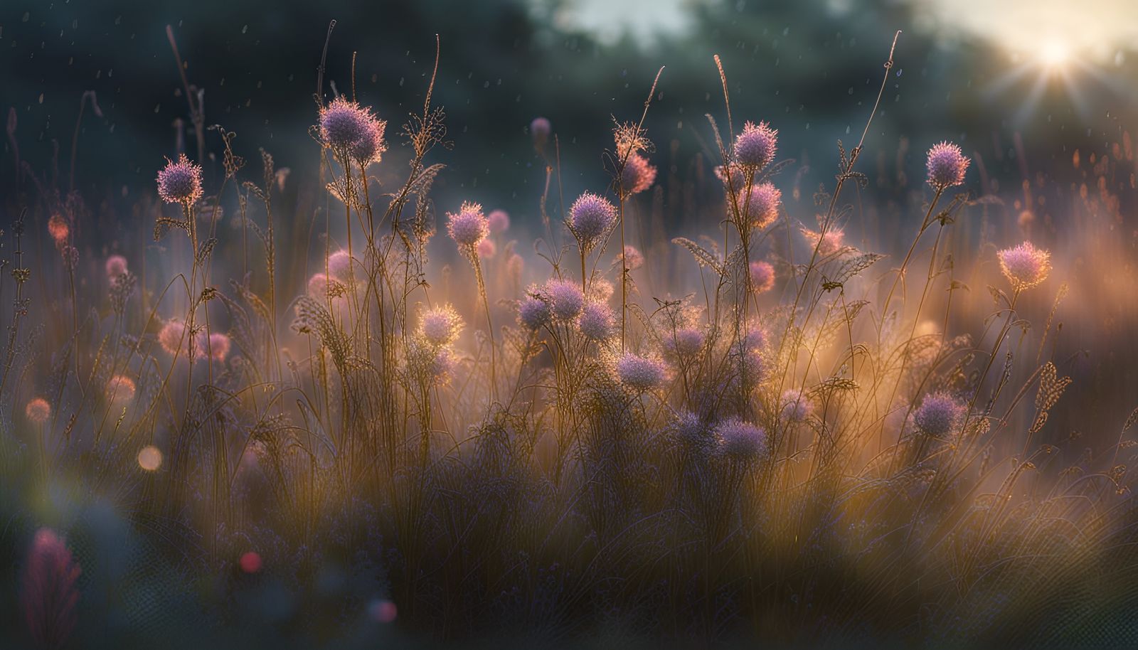 Colorful Sunrise Over Dewy Summer Meadow