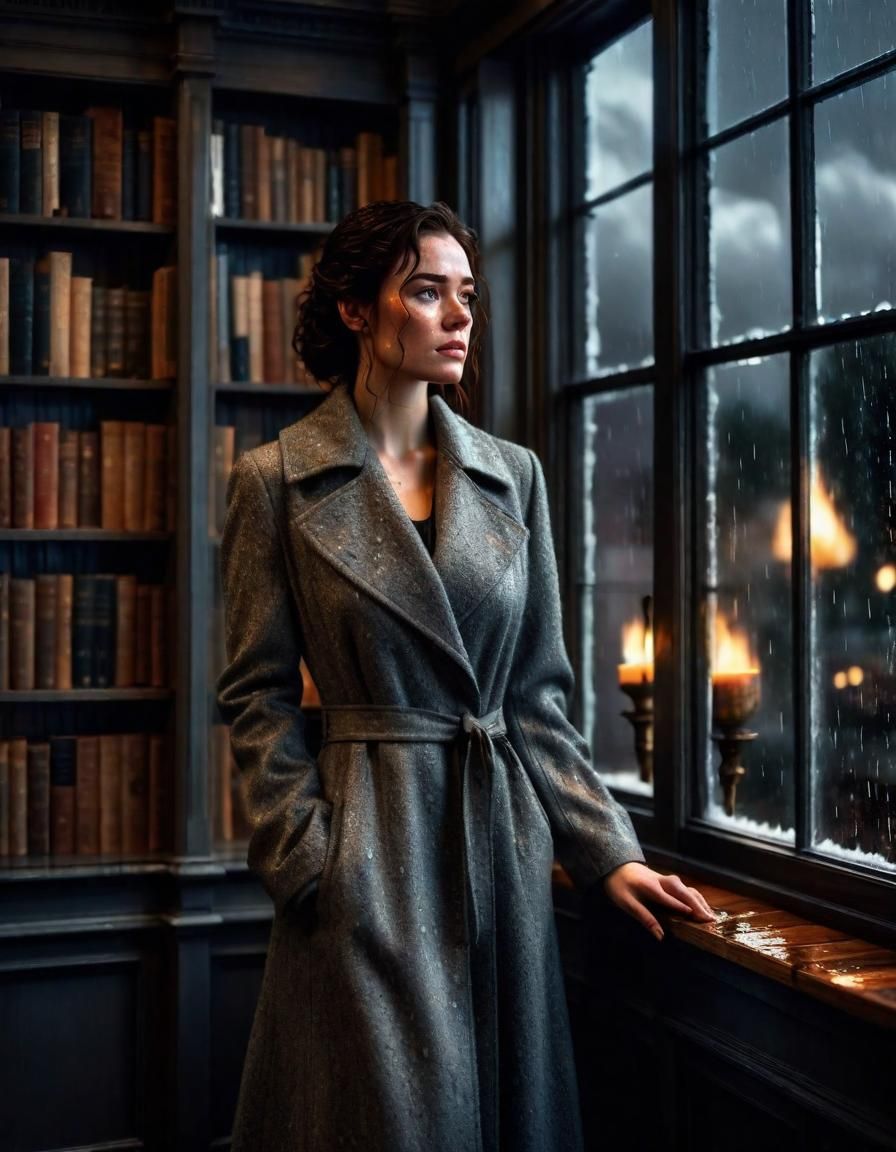 Woman in Gray Coat Watches Rain Through Window