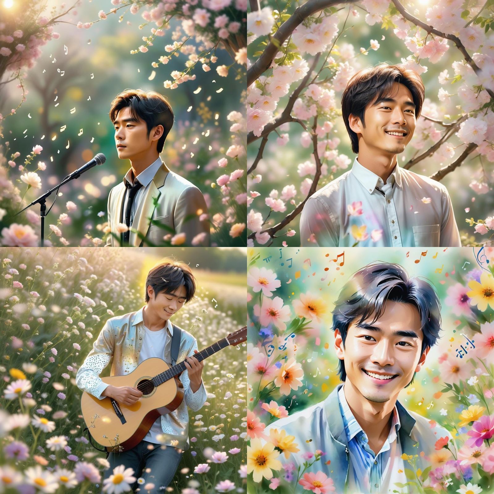 Happy Singer Surrounded by Flowers and Music