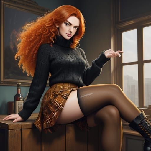 Confident Woman with Fiery Hair in Plaid Skirt