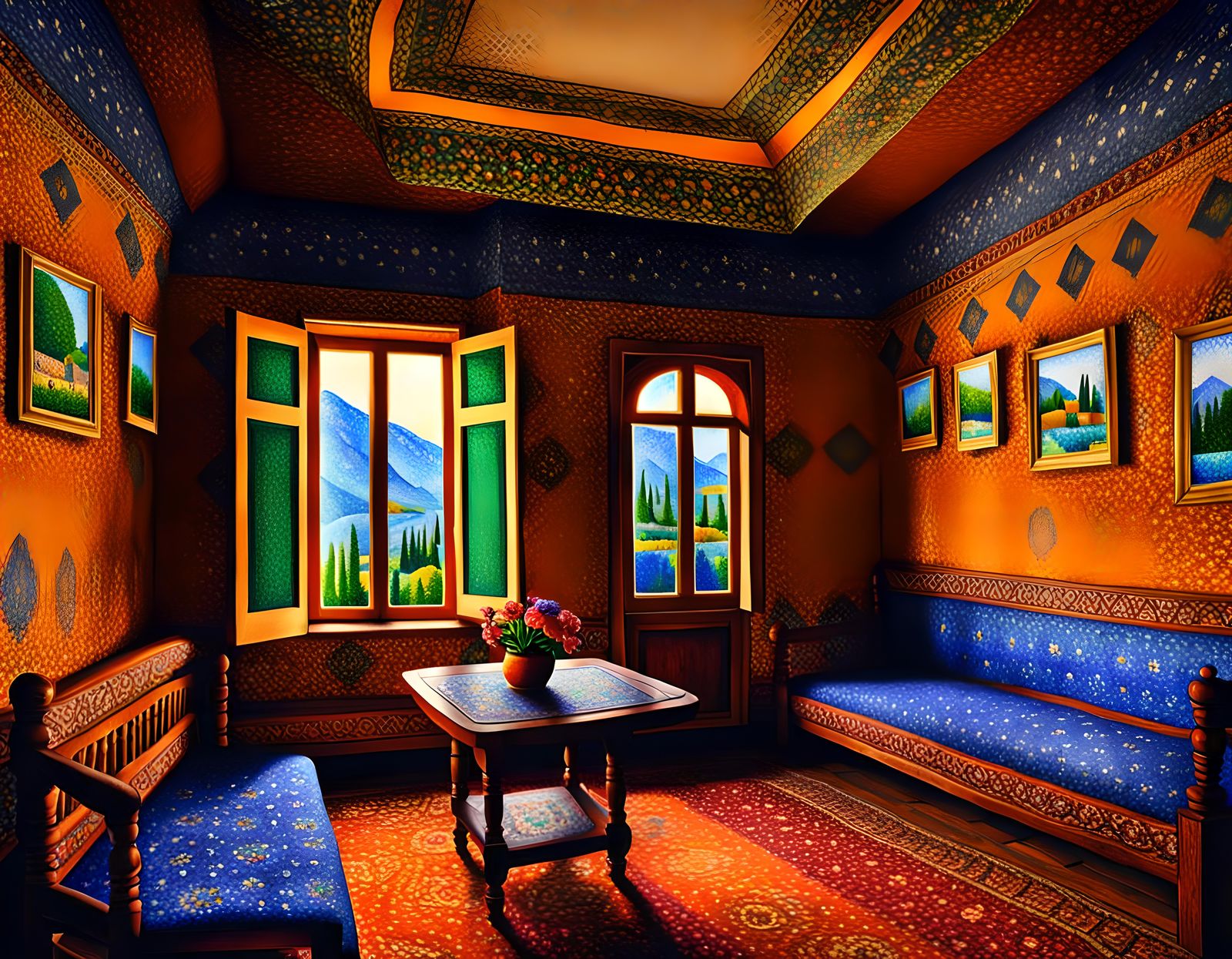 Kashmir House Interior in Pointillism Art Style
