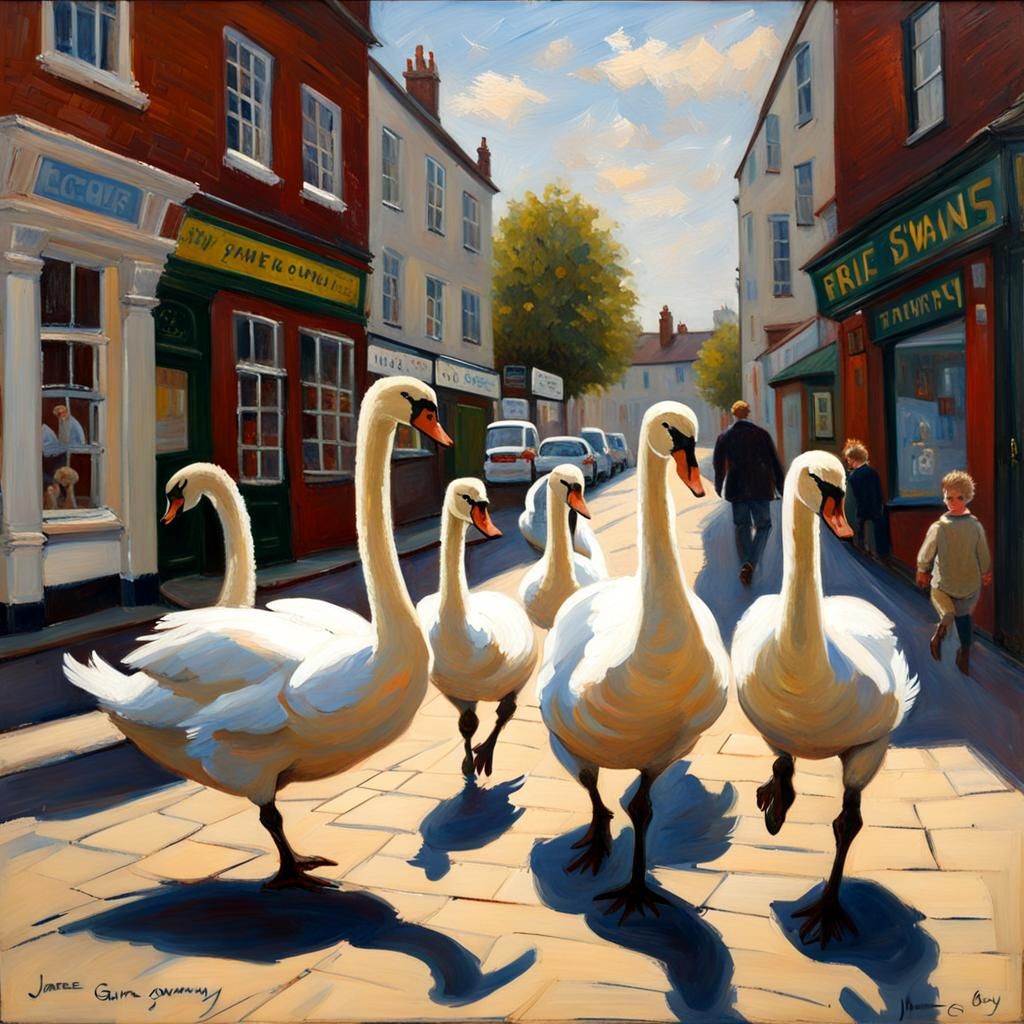 Swan Family's High Street Stroll: An Oil Painting