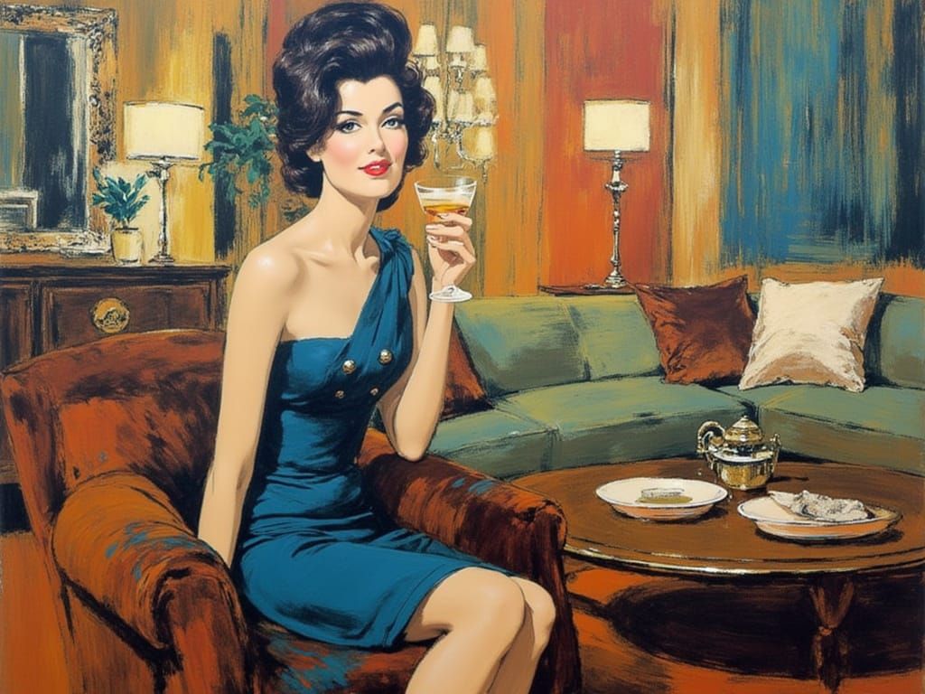 Mid-Century Woman Enjoys Cocktail in Retro Living Room